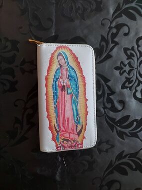 White Wallet with Blue and Pink Virgin Mary Print